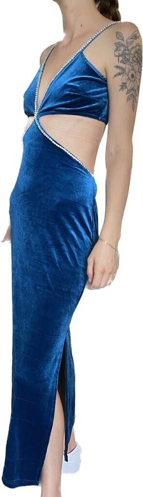 Nasty Gal Womens 6 Velvet Diamante Trim Cut Out Midi Dress Blue High Slit Party