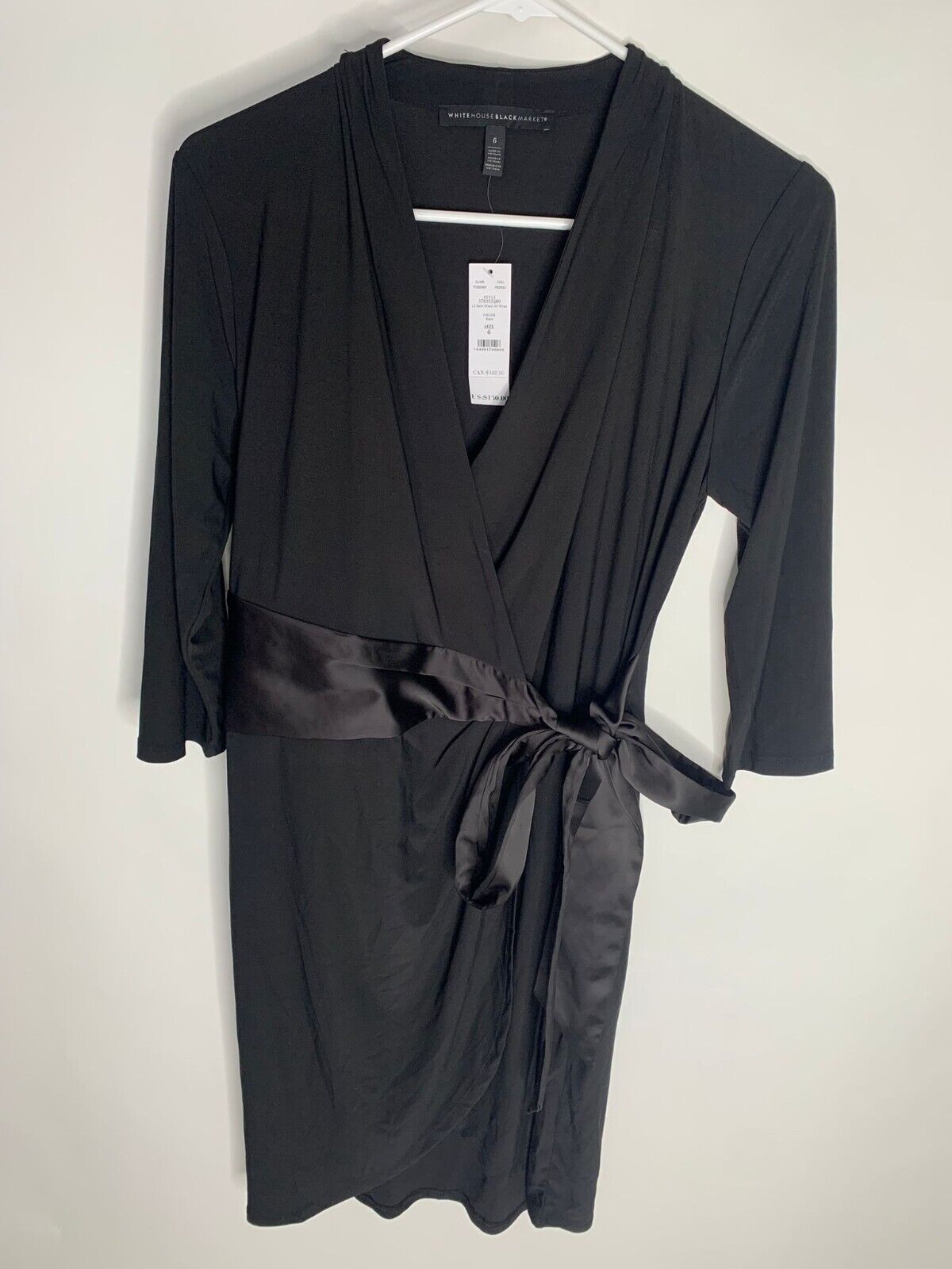 White House Black Market Women 6 Long Sleeve Satin Waist Matte Jersey Wrap Dress