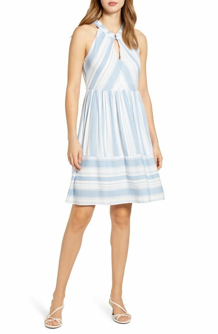 Gibson x The Motherchic Womens M Faded Denim Blue Newport Stripe Dress
