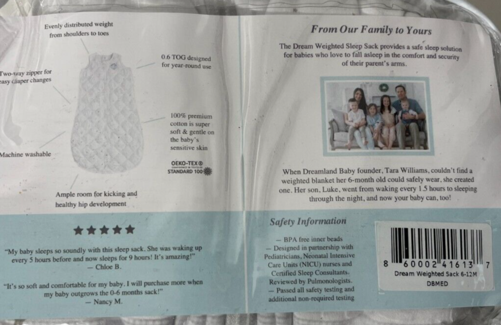 Dreamland Baby Weighted Nap Sack Grey Stars 0.6 TOG Size 6-12M Unisex 81892798