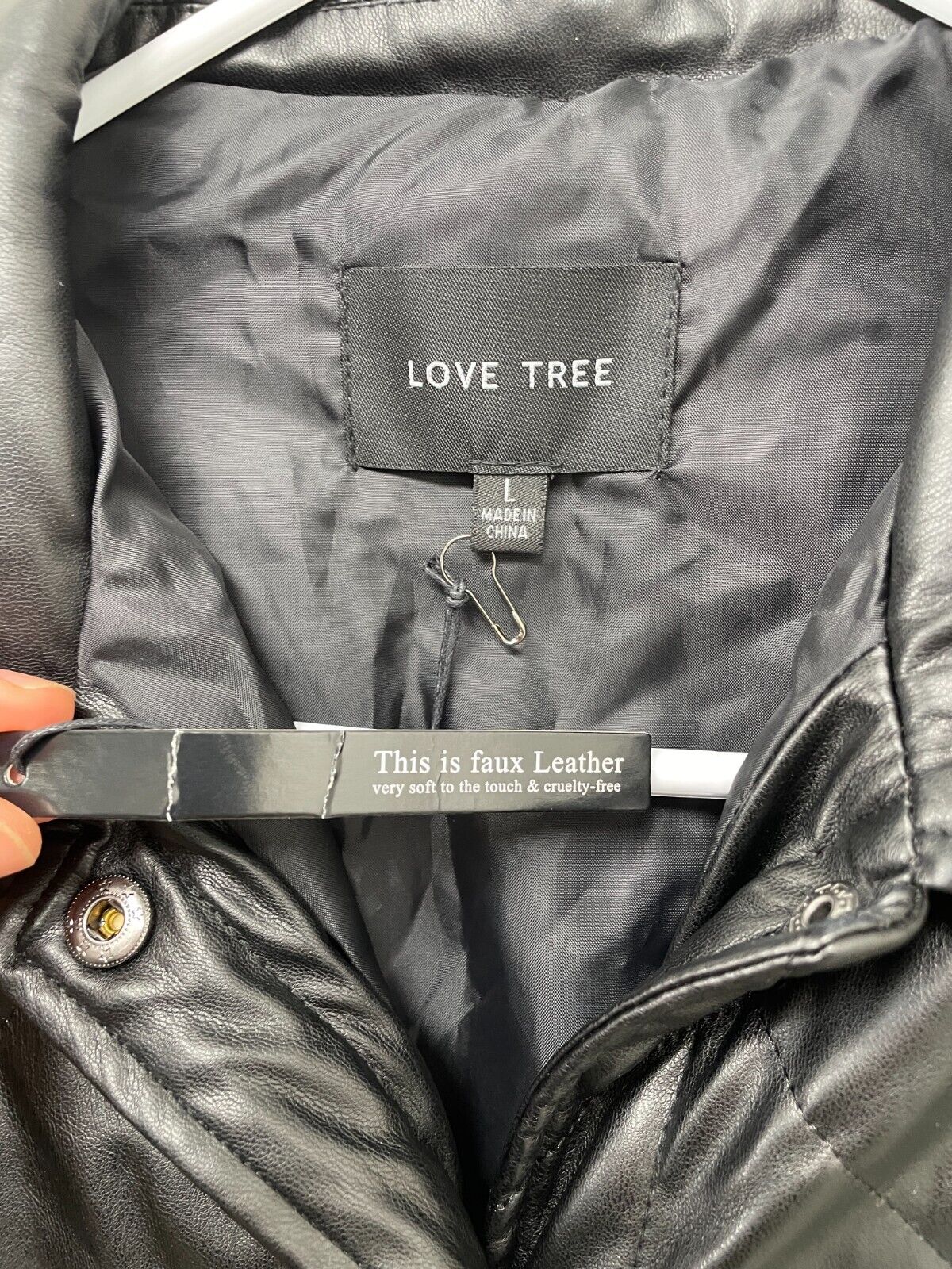 Love Tree Womens L Charisma Diamond Quilted Jacket Black Faux Leather Shacket