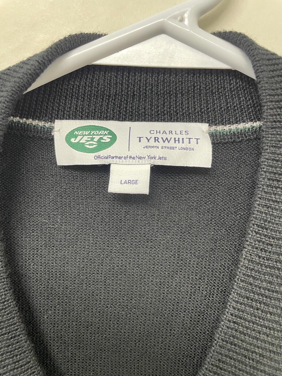 Charles Tyrwhitt Mens L New York Jets Merino Wool Full-Zip Sweater Black Bomber