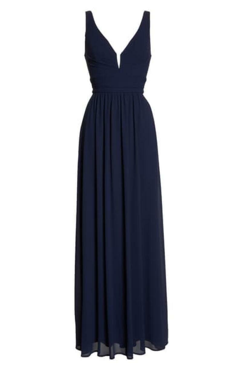 Lulus Womens S Navy Blue V-Neck Chiffon Gown Maxi Dress Bridal Leading Role