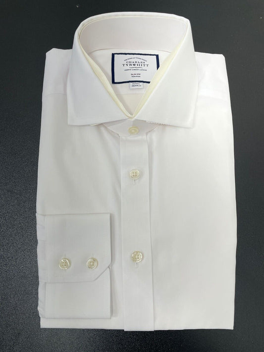 Charles Tyrwhitt Mens White Non Iron Poplin Cutaway Button Down Dress Shirt Slim