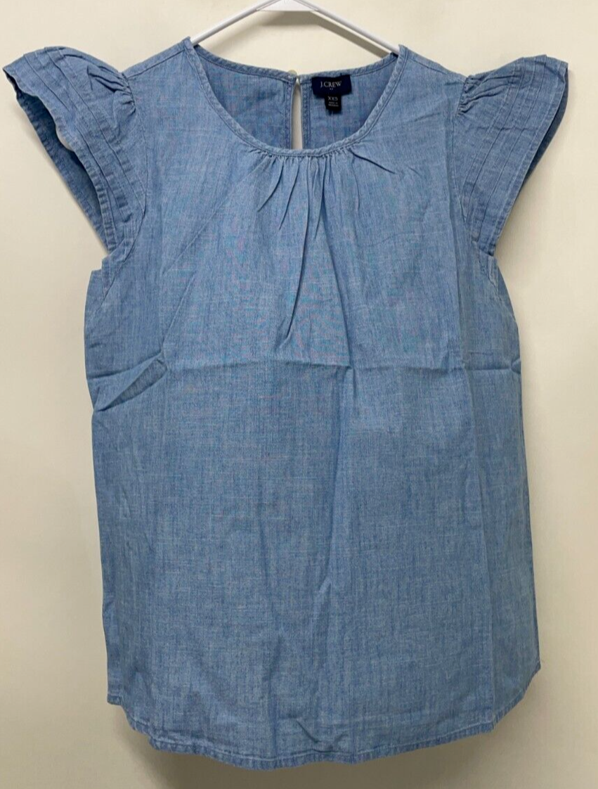 J.Crew Womens XXS Chambray Pintuck Flutter-Sleeve Top Blue Blouse BK418
