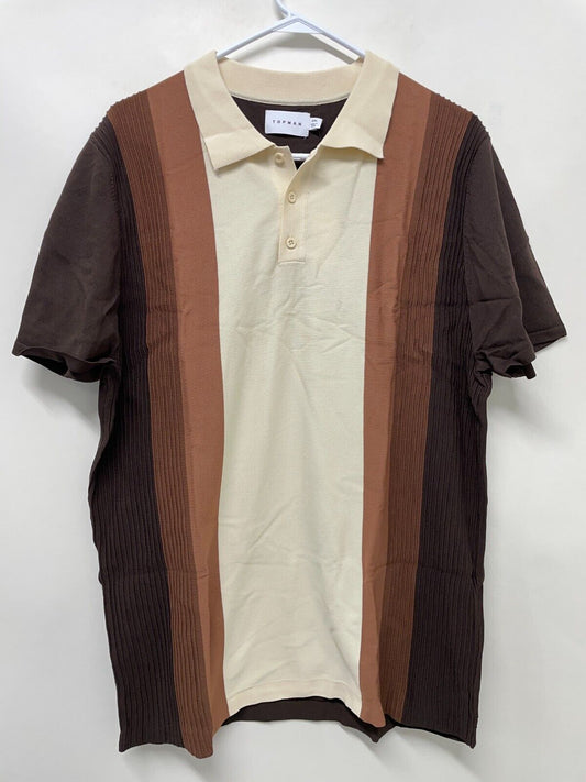 Topman Mens 2XL Stripe Detail Polo Shirt Beige Brown Short Sleeve 116027646 ASOS