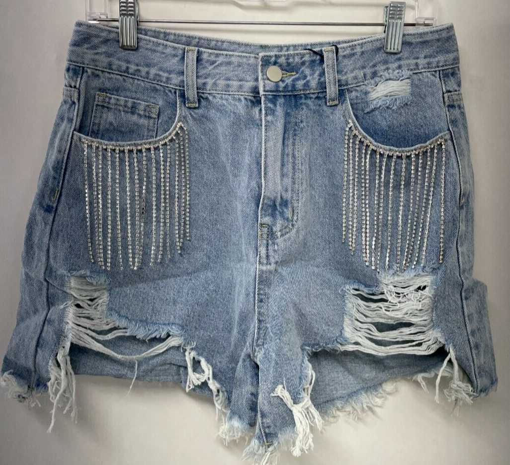 Cider Women's L Diamond Tassels Ripped Denim Shorts Blue Cotton Distressed Jean