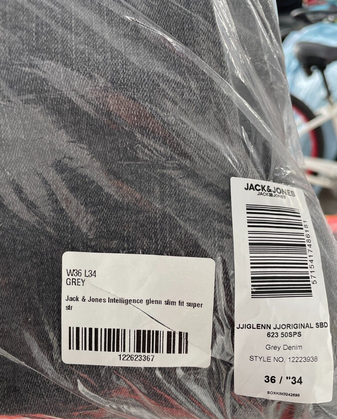 Jack & Jones Mens 36x34 Intelligence Glenn Slim Fit Super Stretch Jeans Grey