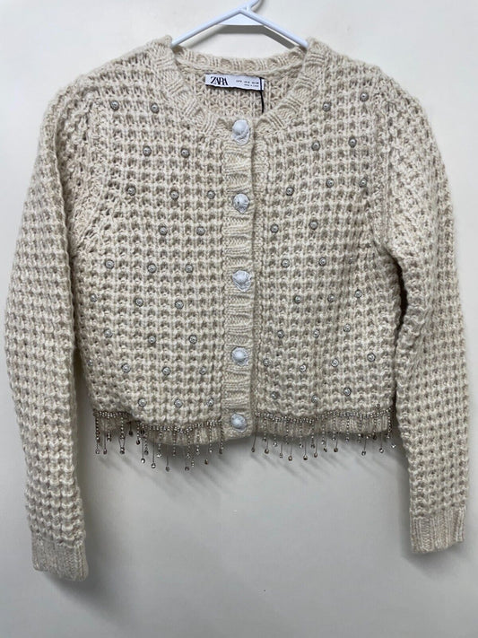 Zara Women's S Beaded Knit Cardigan Ivory/Ecru Fringe Sweater 3920/102 NWT