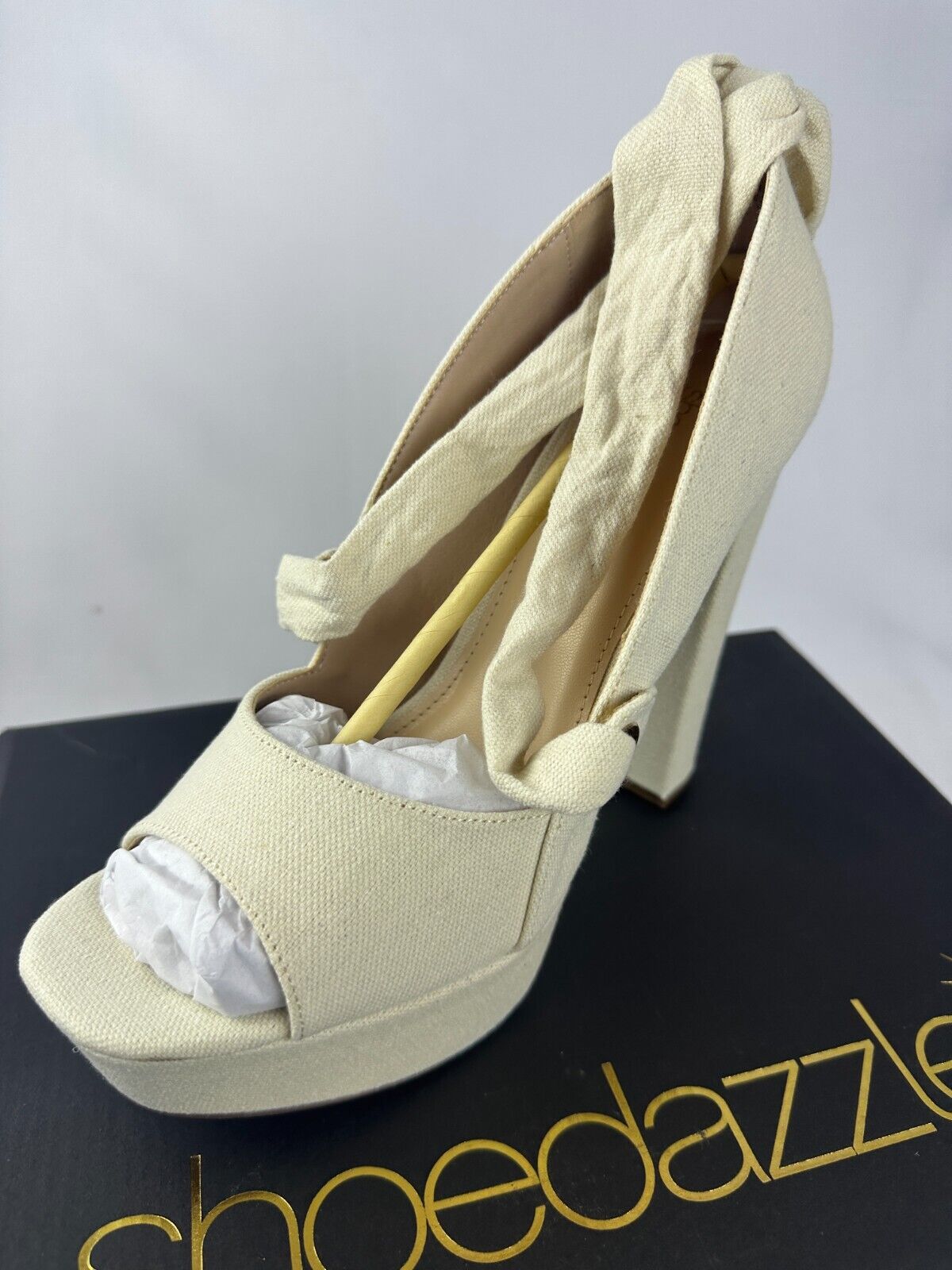 ShoeDazzle Womens 9 Takkara Natural Linen Platform Block Heels Open Toe