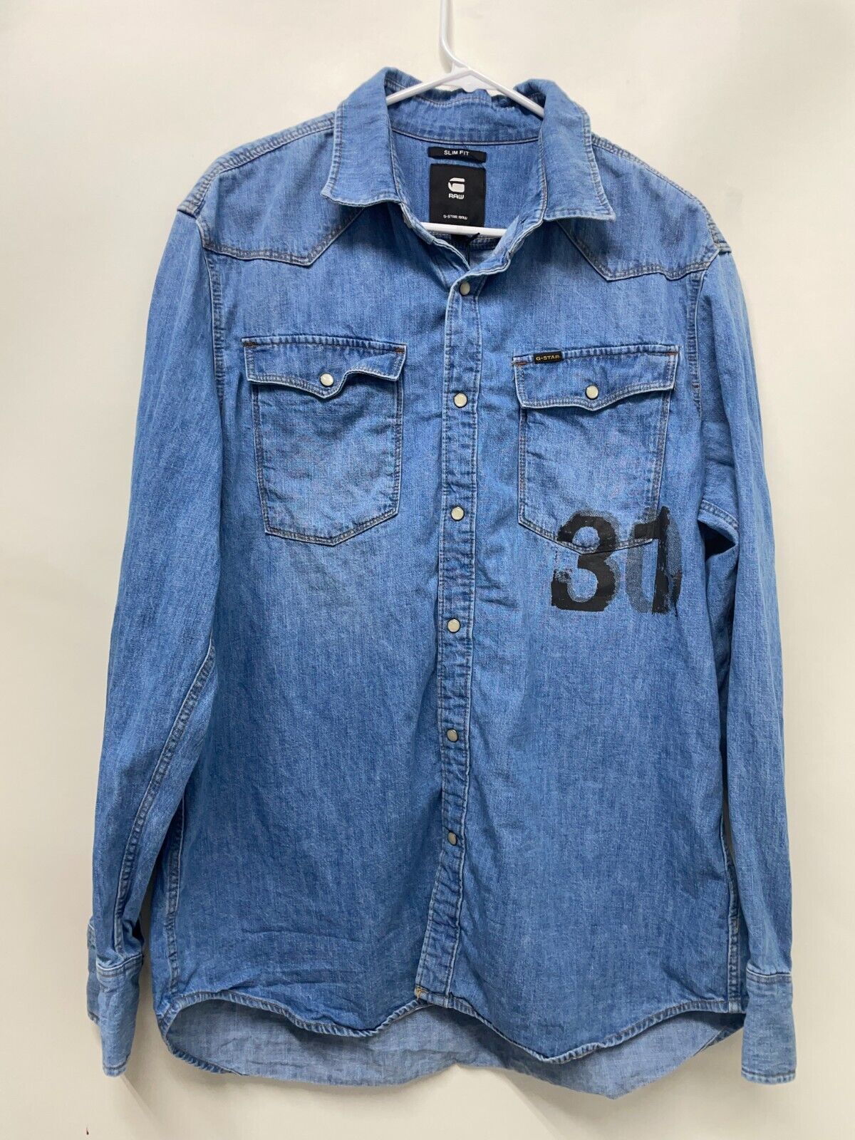 G-Star Unisex XL 3301 Slim Shirt Long Sleeve Medium Aged Blue Western Snap Denim