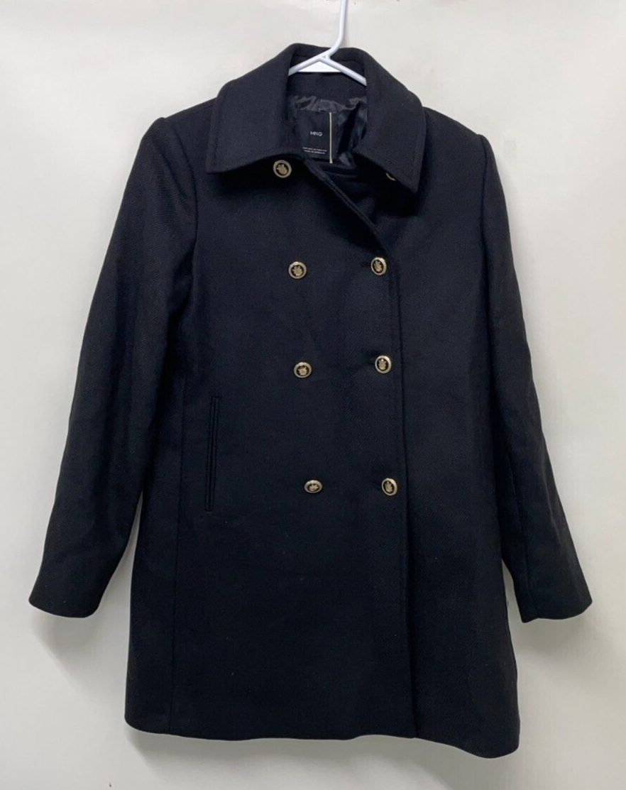 Mango Womens XS Abrigo Pinocho Short Coat Black Double Breasted Wool Blend MNG