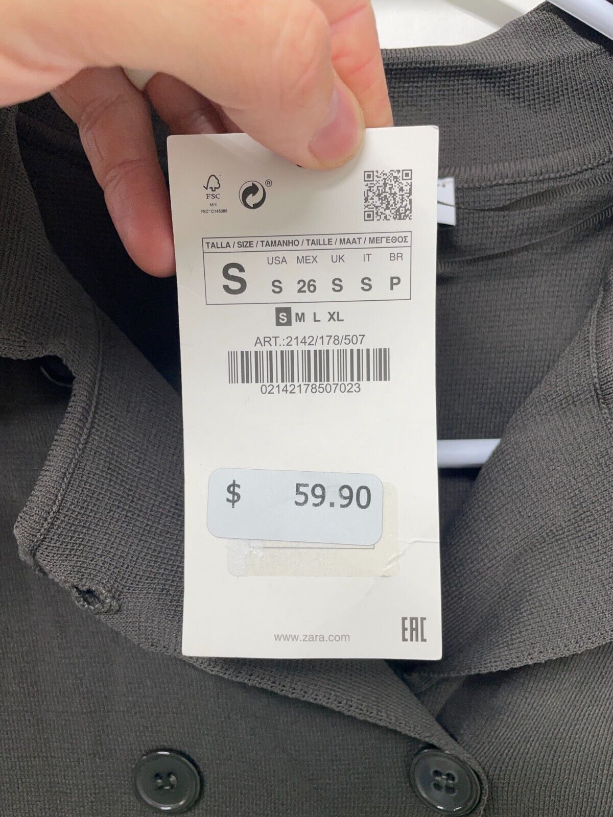 Zara Womens S Knit Wrap Cardigan Grayish Button Front Long Sleeve 2142/178/507