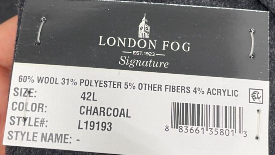 London Fog Men 42L Signature 42 Single Breasted Wool Jacket Charcoal Coat L19193