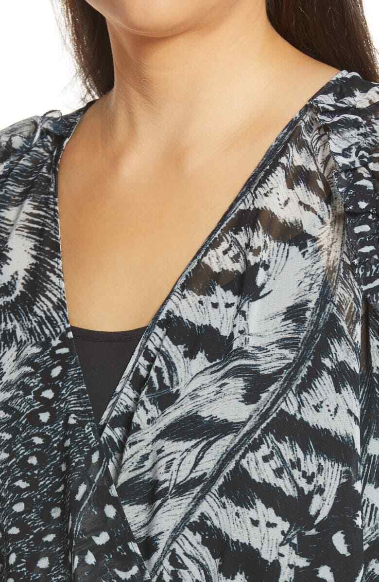 allsaints Womens 6 White Black Fara Stretto Faux Wrap Top Blouse Sheer Chiffon