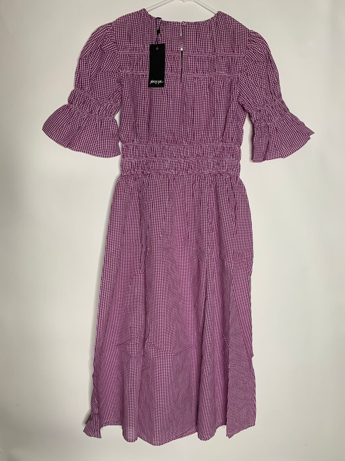 Nasty Gal Womens 6 Plum Gingham Plaid Shirred Panel Midi Dress Smocked