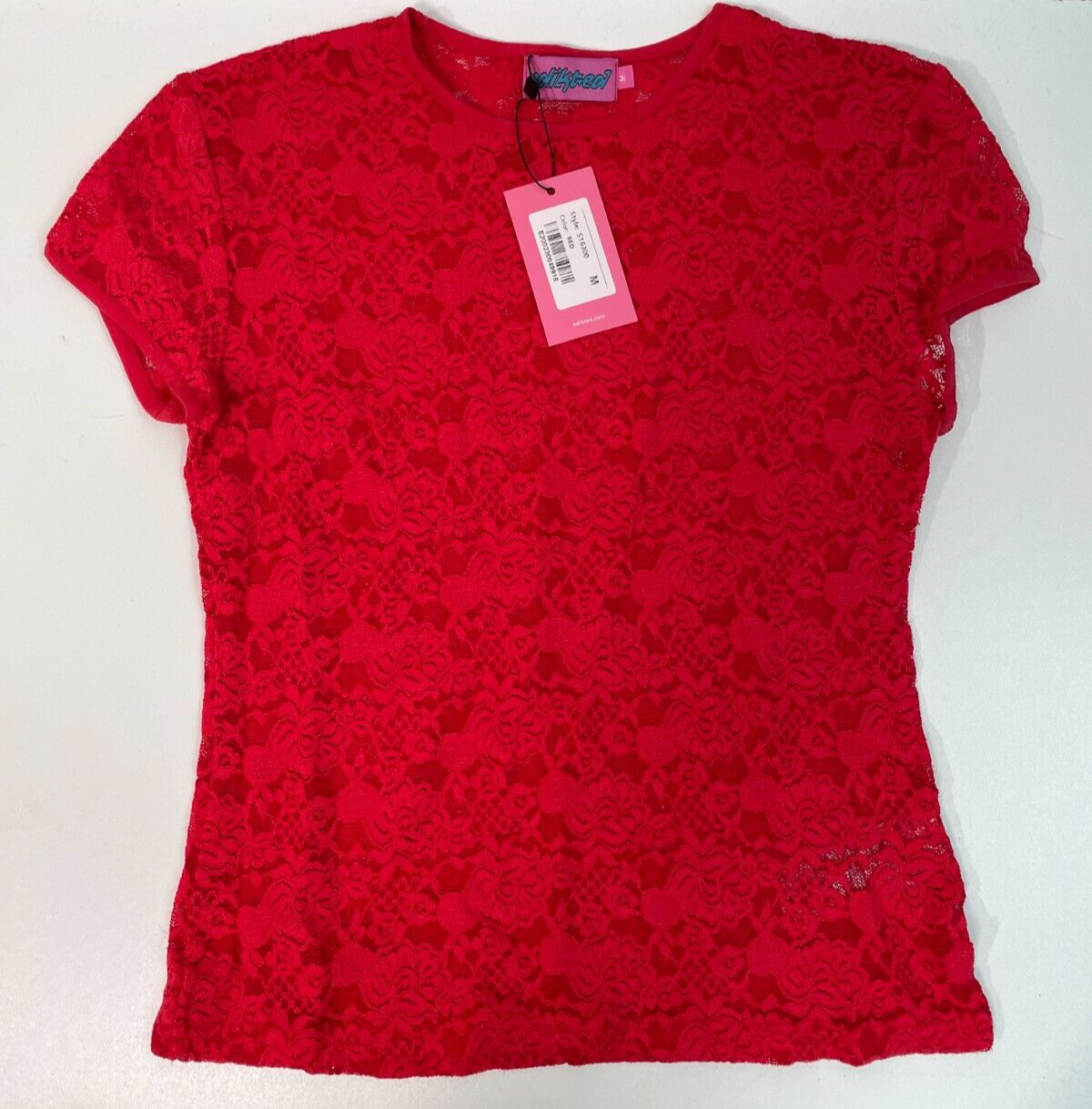 Edikted Women's M Kaori Sheer Lace T-Shirt Red Short Sleeve Stretchy S16300