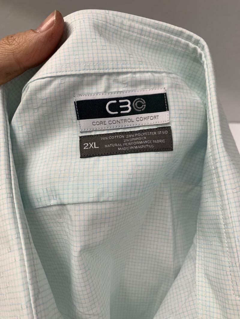 Core Control Comfort C3 Mens 2XL Light Blue Grid Check Button Down Dress Shirt