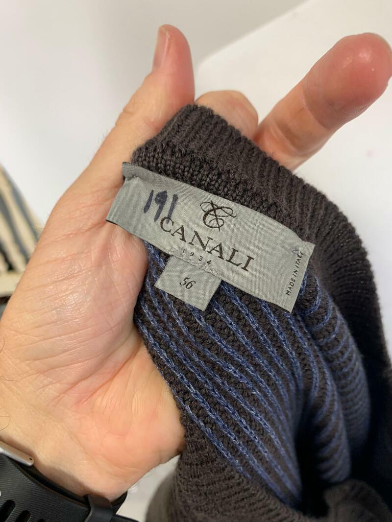Canali Mens 56 Brown Navy Ribbed Merino Wool and Cotton Crewneck Sweater Italy
