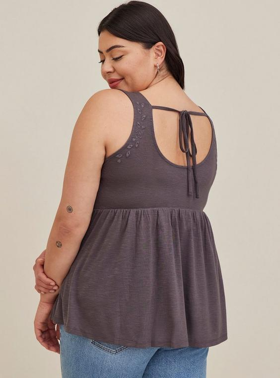 Torrid Womens 6XL Babydoll Feather Soft Slub Crew Neck Embroidered Tank Top Grey