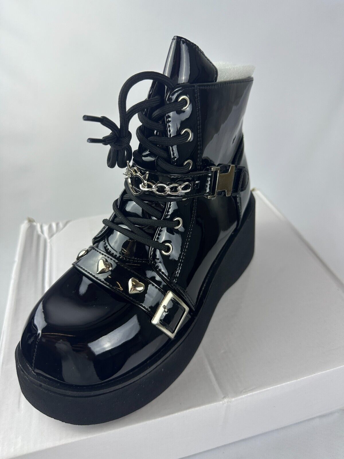 Romwe Womens EU 39 Platform Ankle Boots Black Faux Patent Leather Goth Punk Rave