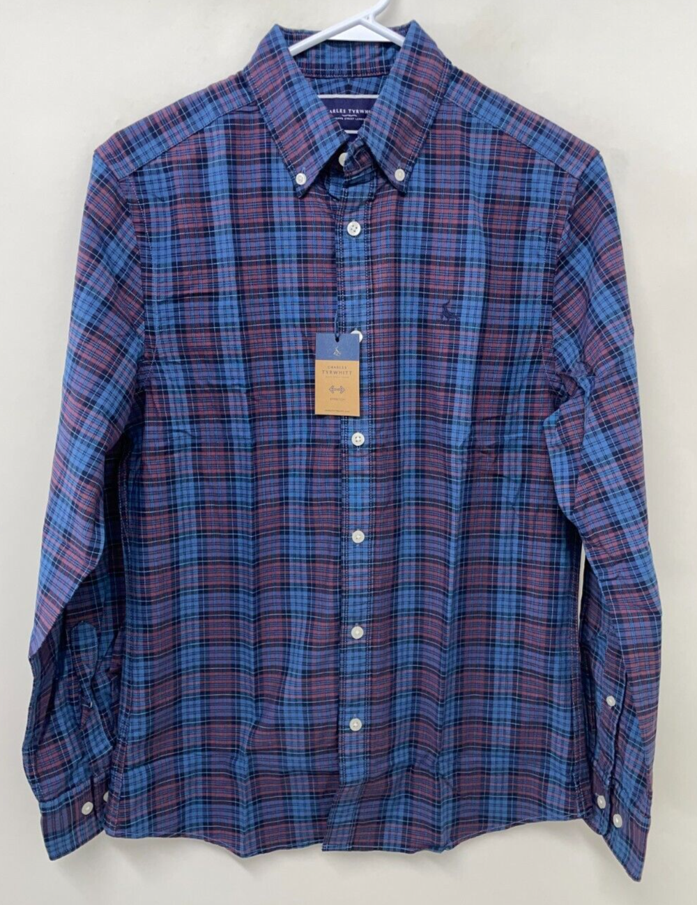 Charles Tyrwhitt Mens S Button Down Collar Washed Oxford Plaid Shirt Blackberry