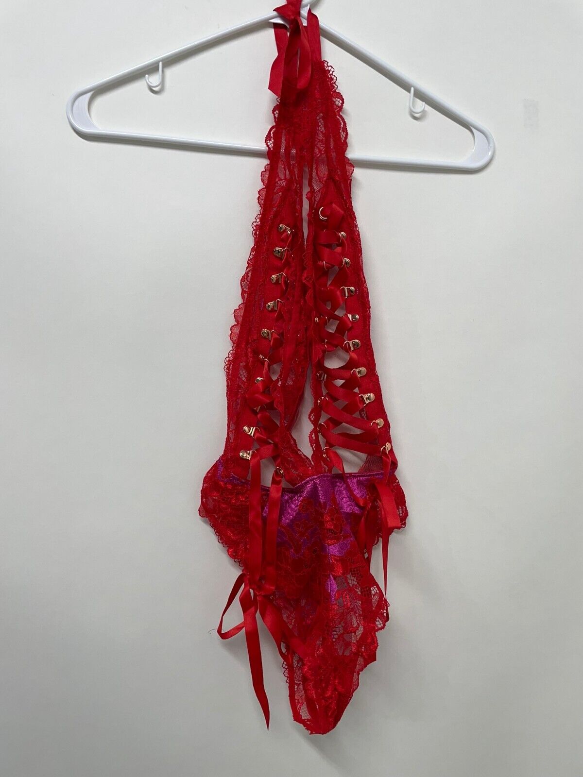 Fenty Savage Womens XS Lace d Up Teddy Lingerie Goji Berry Red Thong