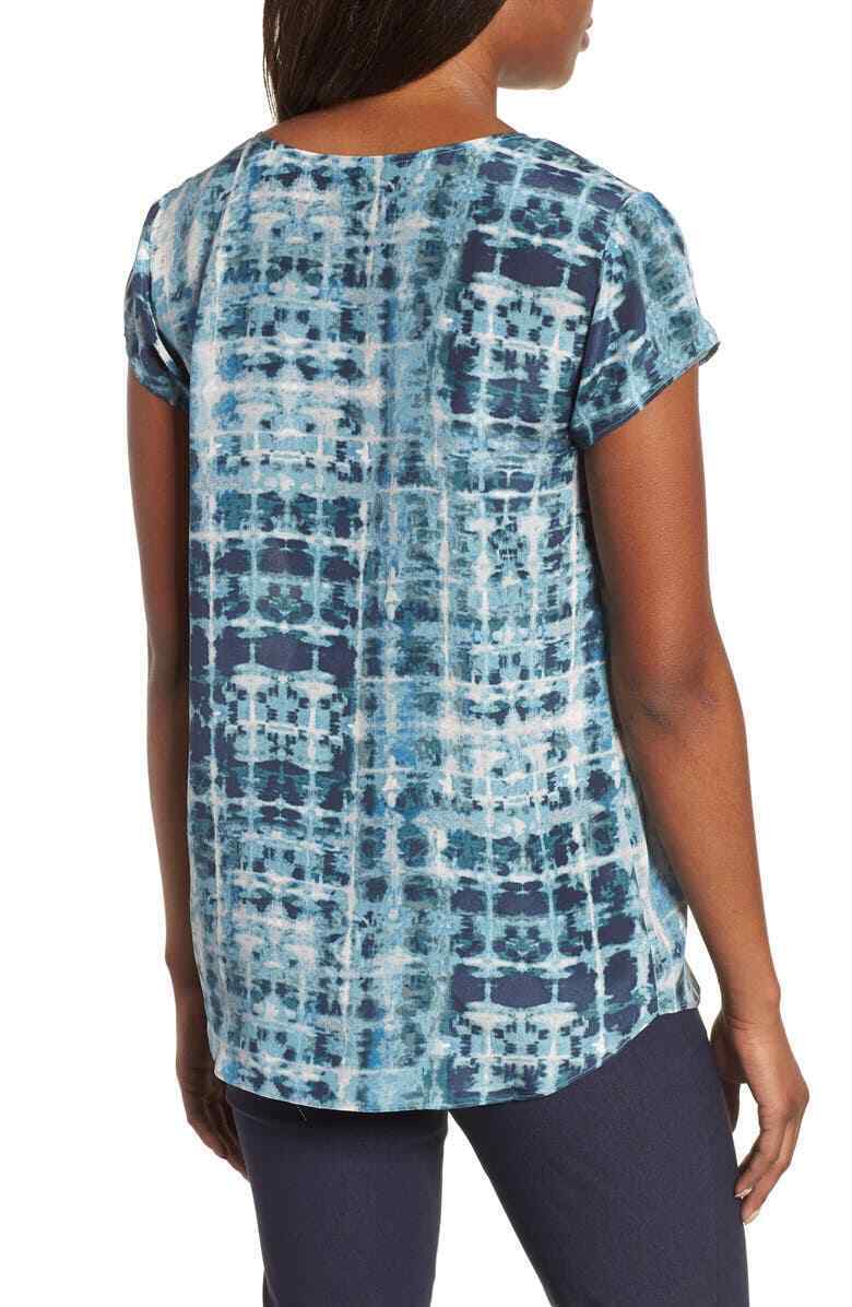 Nic + Zoe Womens XS Blue Looking Glass Top Pleated Short Sleeve Blouse Silk