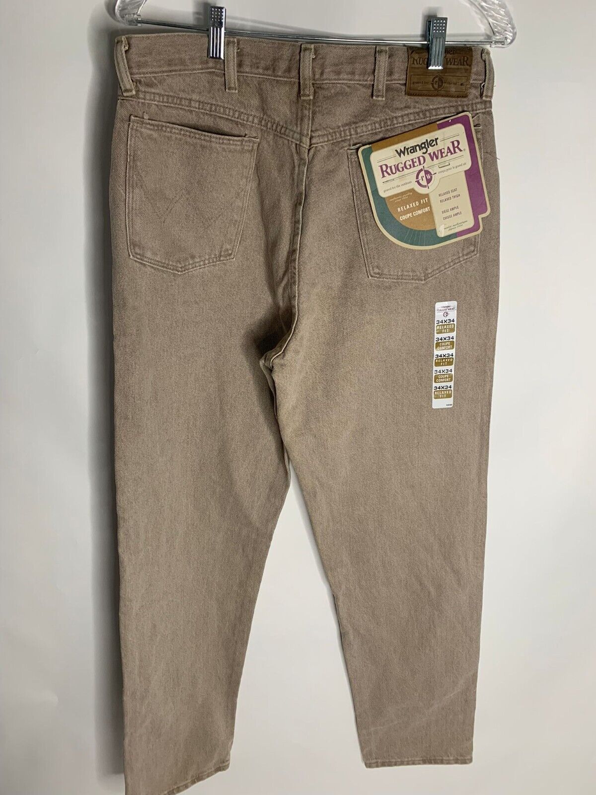 Wrangler Mens 33x34 Khaki Brown Rugged Wear Relaxed Fit Jeans VTG NOS USA 34x34