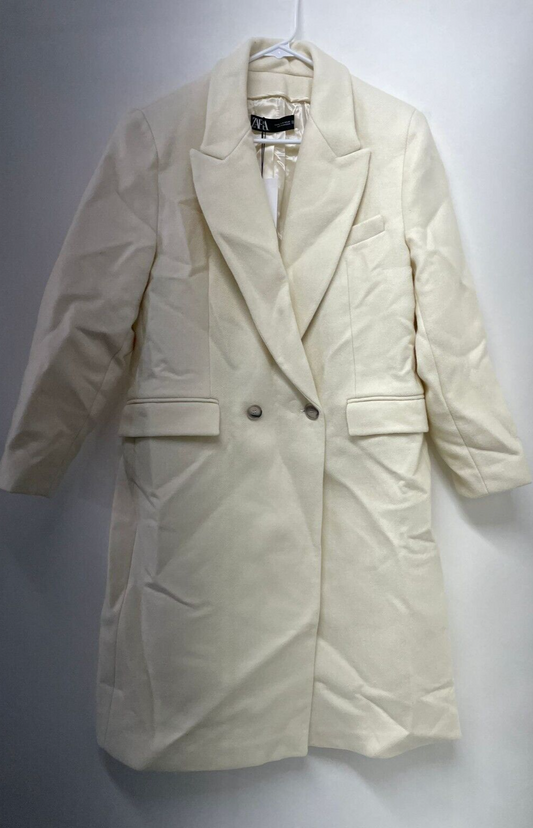 Zara Womens M Premium Wool Blend Double Breated Coat 2061/122/712 Ecru Ivory