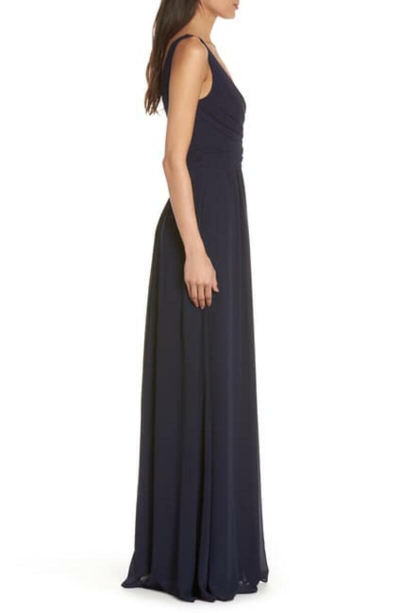 Lulus Womens S Navy Blue V-Neck Chiffon Gown Maxi Dress Bridal Leading Role