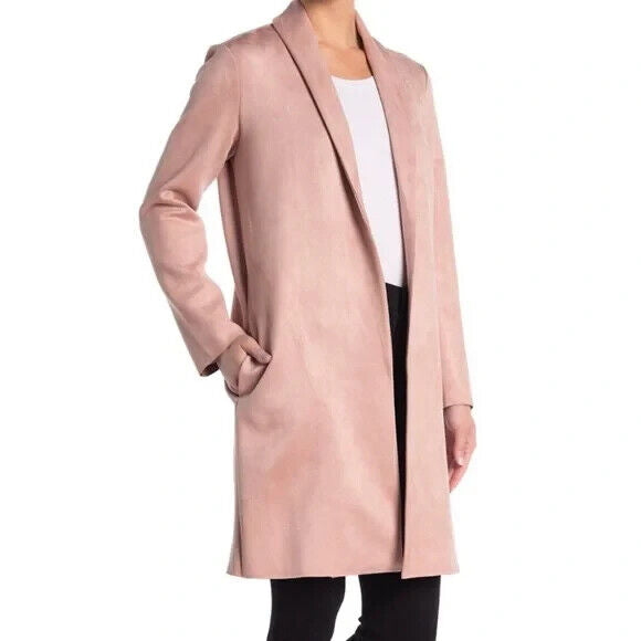T Tahari Women's M Faux Suede Open Front Overcoat Jacket Pink Shawl Collar