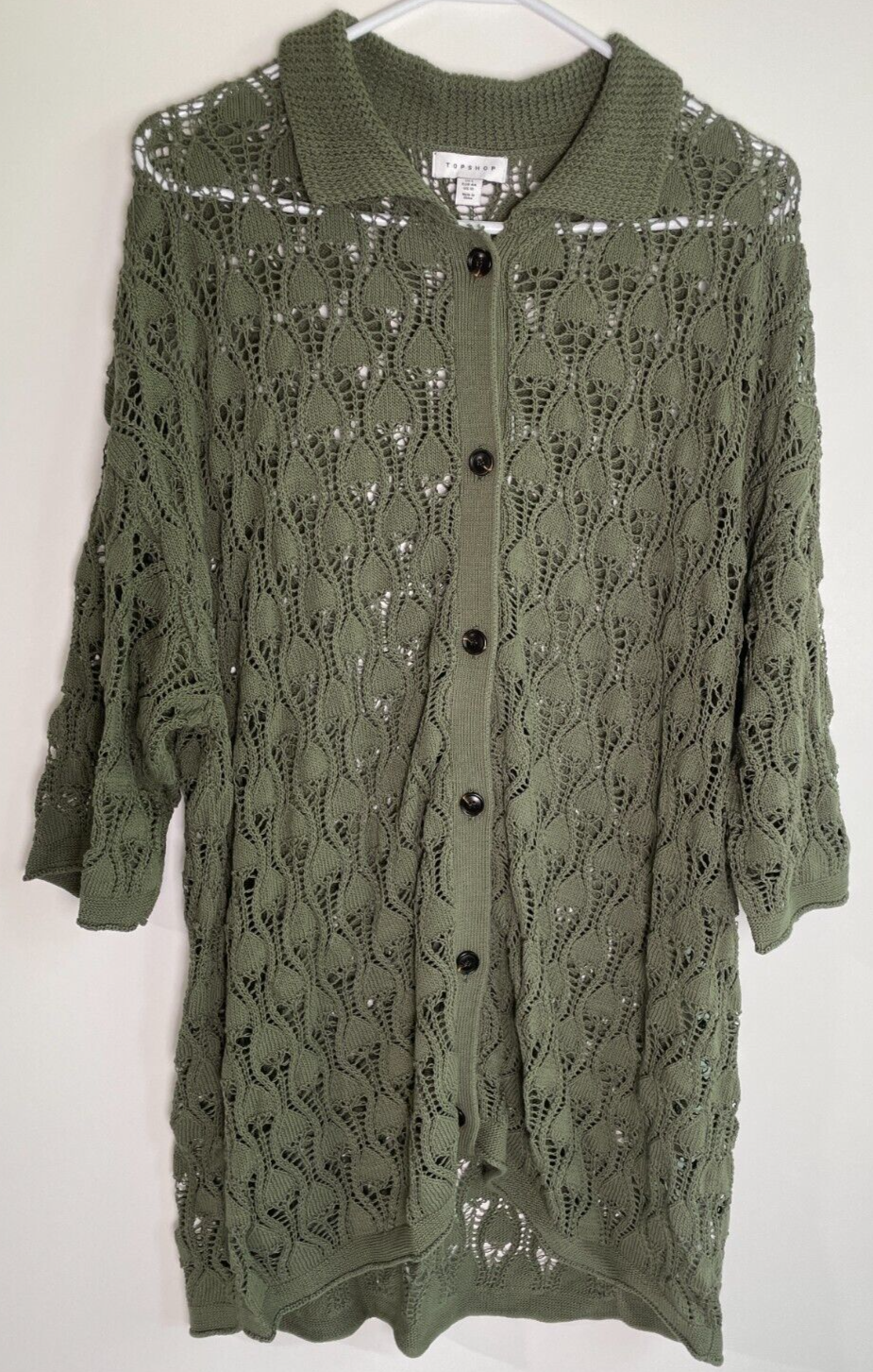 Topshop Women's 12 Knit Open Stitch Collared Button Up Shirt Green 125715923
