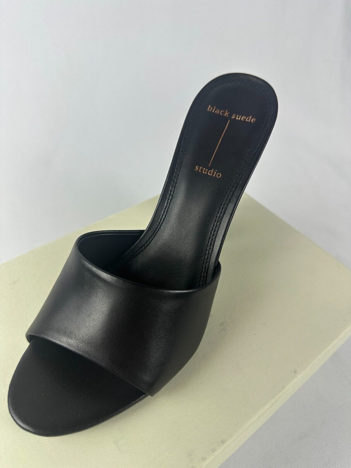 Black Suede Studio Womens 9 Nadya Tilt-Heel Mule Sandals Leather Open Toe