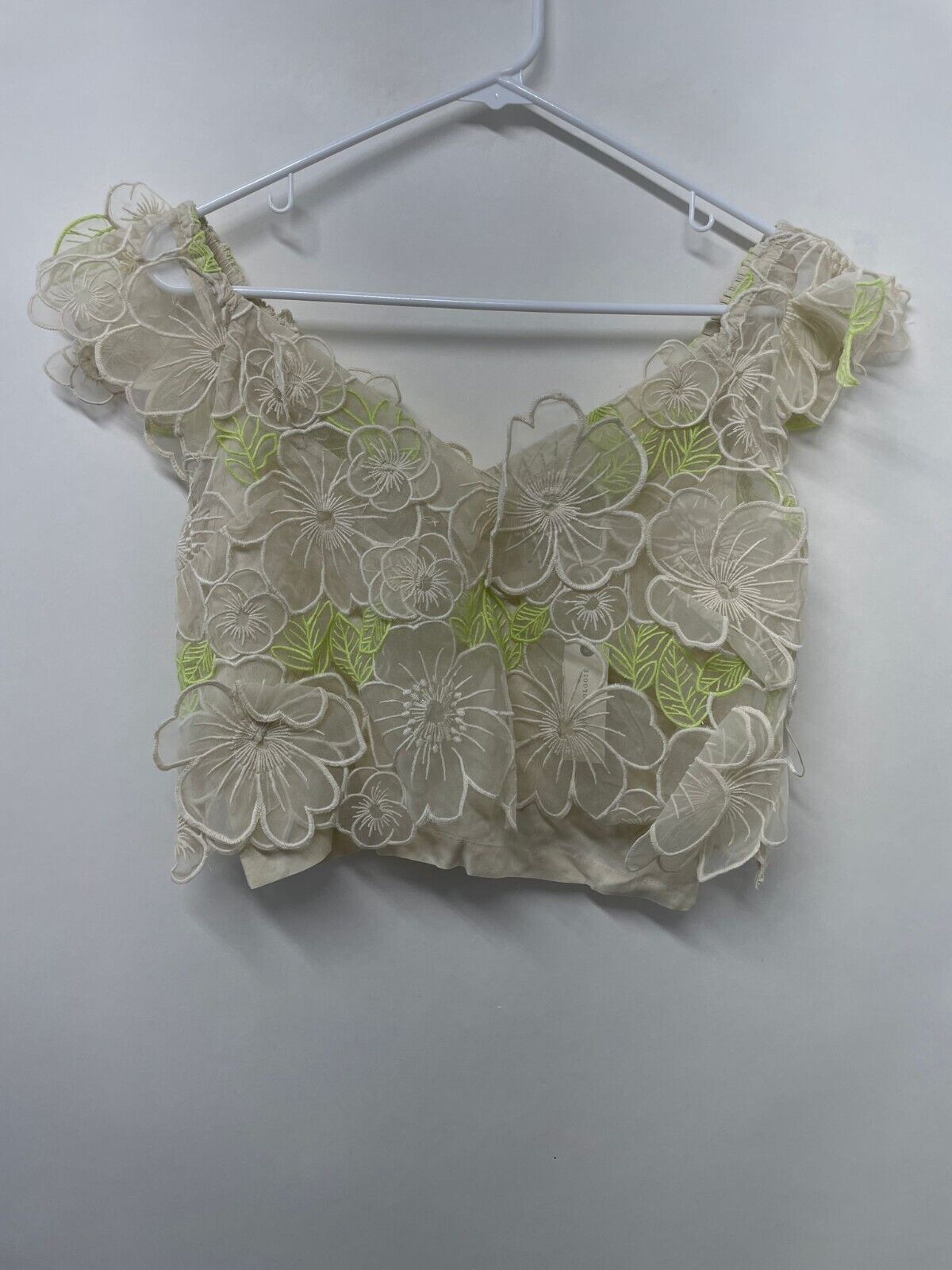 by anthropologie Women XS Sheer Applique Crop Top Floral Ivory Neon Green Blouse
