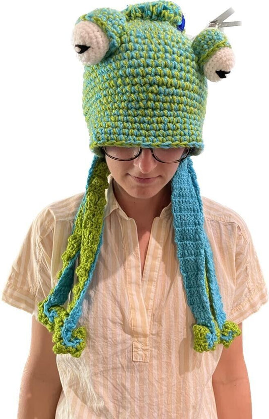 Hand Knit Blue Green Beanie Octopus Cephalopod Cap Hat Crochet