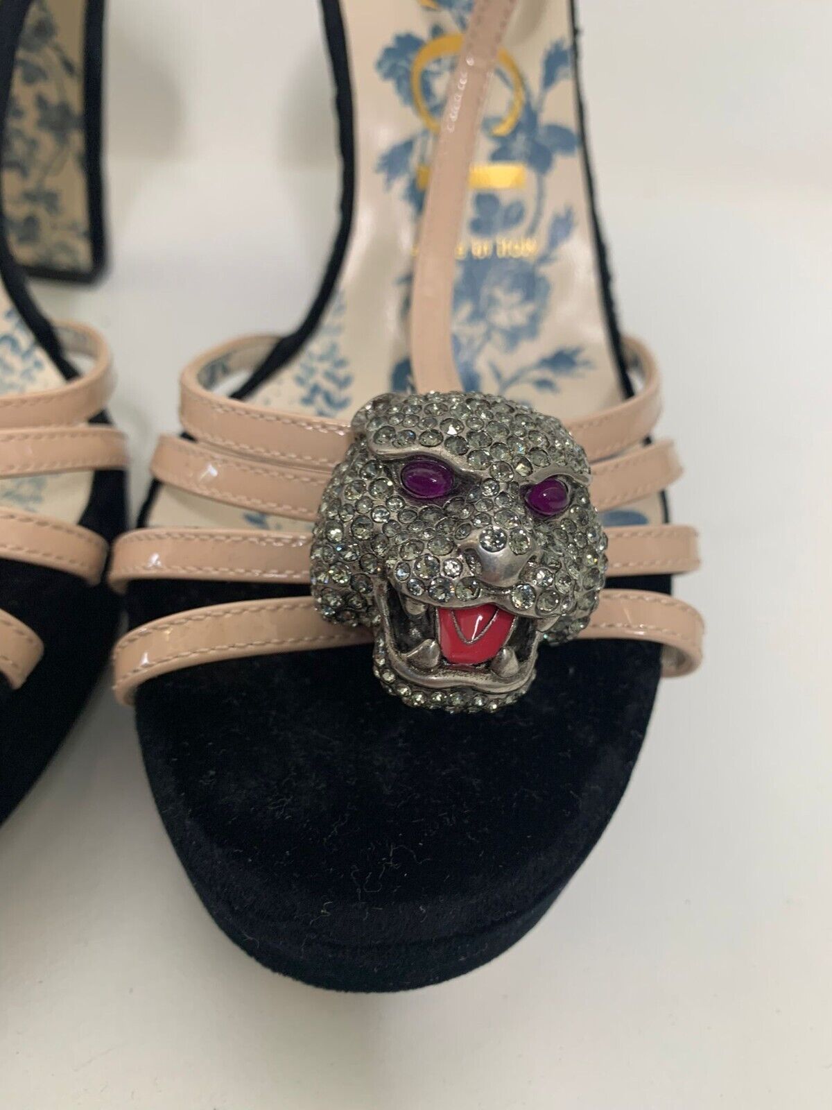 Gucci Womens 37 Black Velvet Elias Crystal Tiger Heel Sandals Platform Strappy