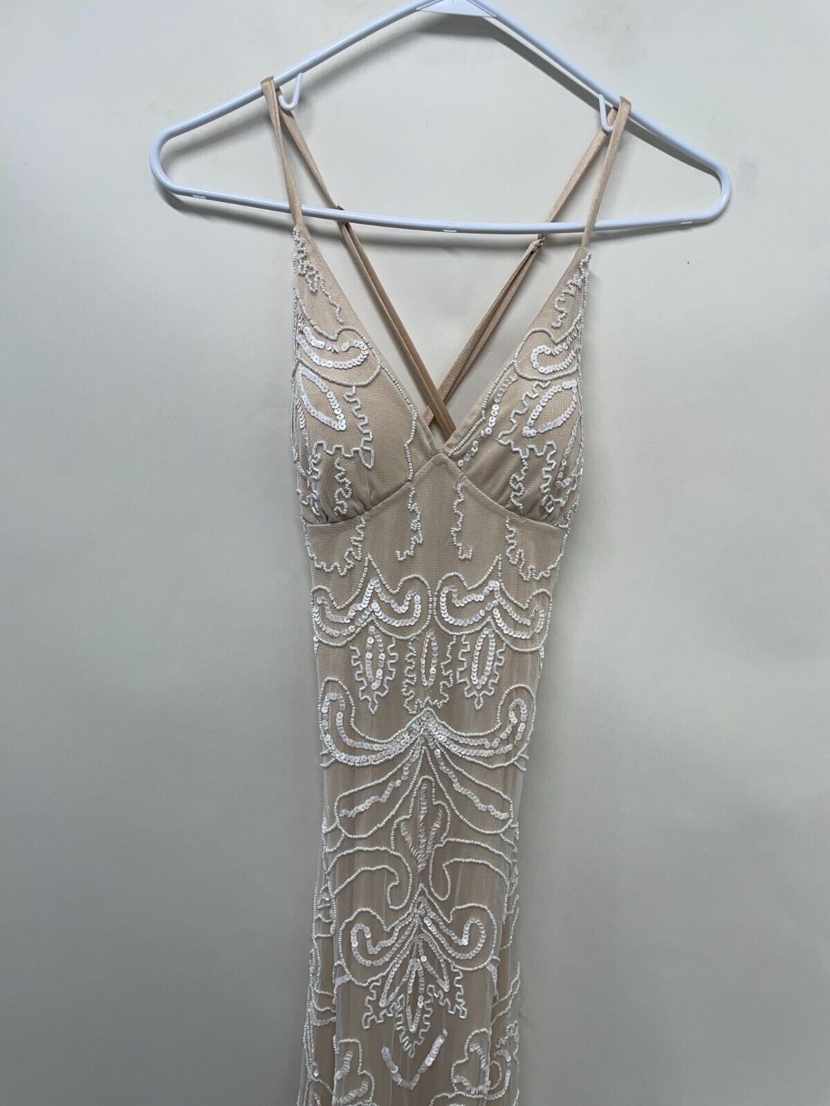 Jump Apparel Womens 3/4 Strappy Beaded Gown Ivory Mesh Maxi Dress 11056A