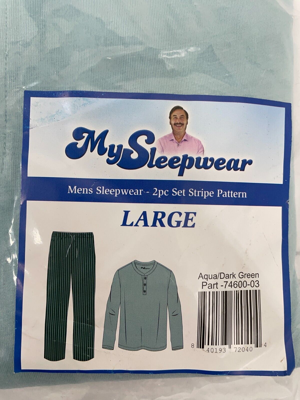 My Sleepwear Mens L Pajama Set Aqua/Dark Green Striped Henley Top 74600-03
