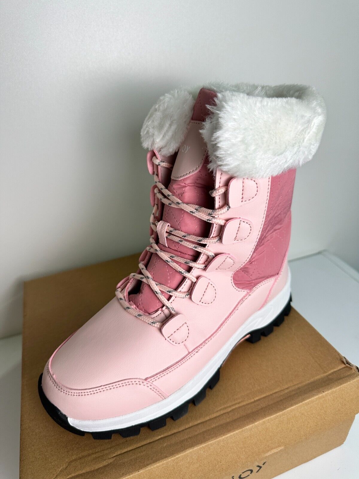 COOJOY Women's 8 EU 40 Winter Snow Boots Waterproof Mid Calf Furry Frosty Pink