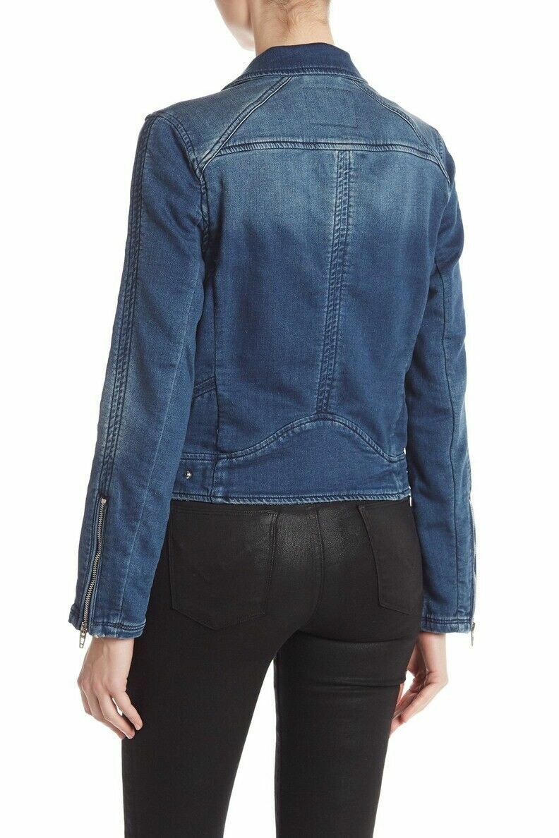 BlankNYC Womens S Denim Blue Hello Moto Jean Jacket Motorcycle Distressed