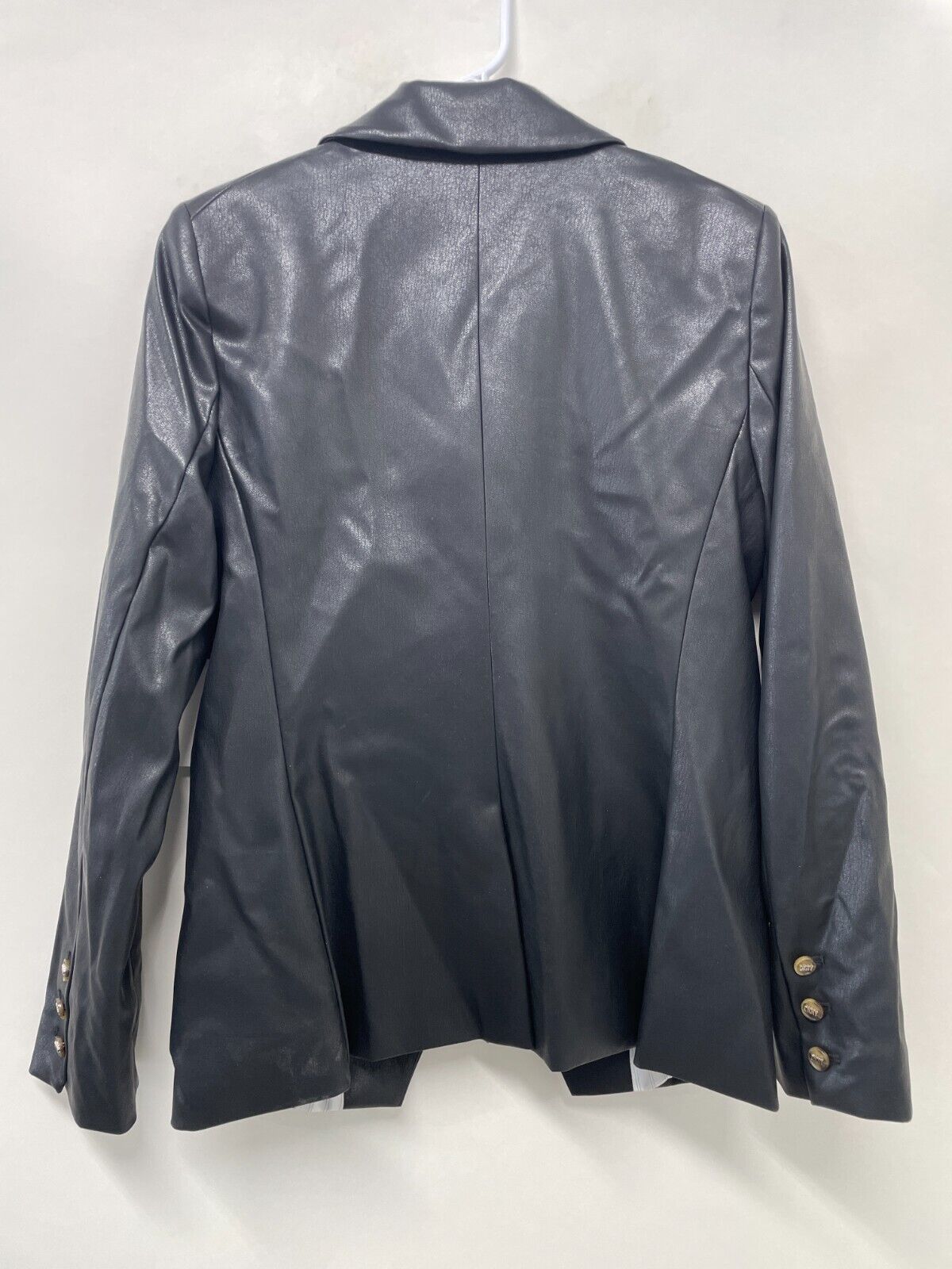 DKNY Womens 10 Double-Breasted Faux Leather Blazer Black Notch Lapel Jacket
