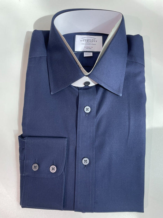 Charles Tyrwhitt Mens 15.5/33 Twill Dress Shirt Navy Classic Fit Non-Iron Blue