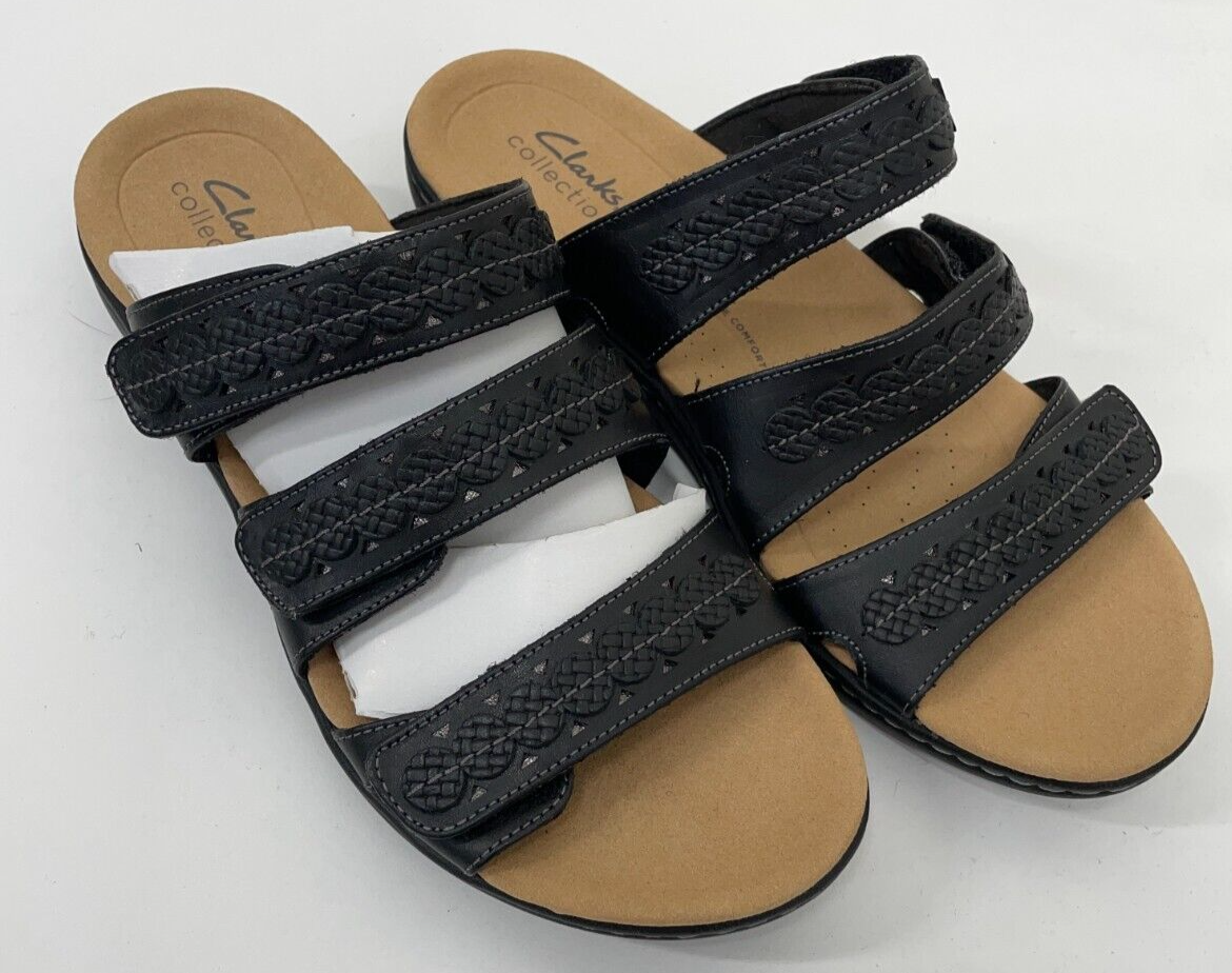 Clarks Womens 8M Laurieann Cove Sandals Black Leather Adjustable Strap 26164834