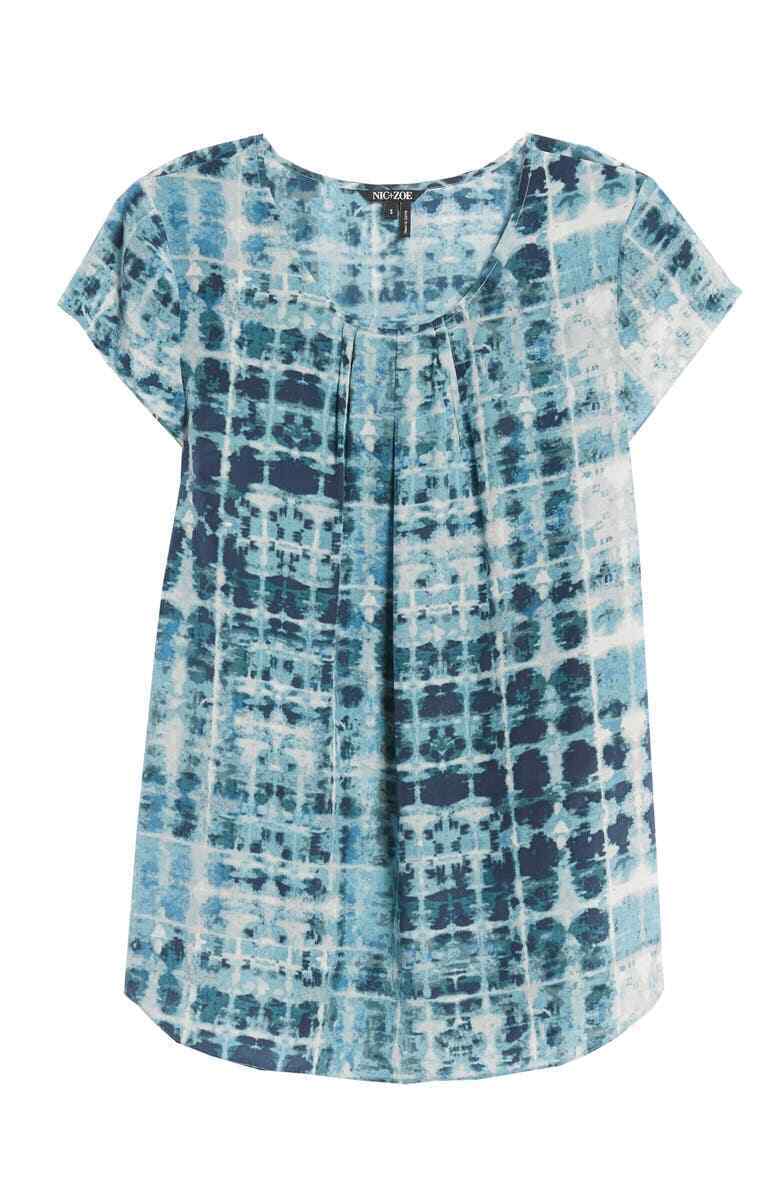 Nic + Zoe Womens XS Blue Looking Glass Top Pleated Short Sleeve Blouse Silk