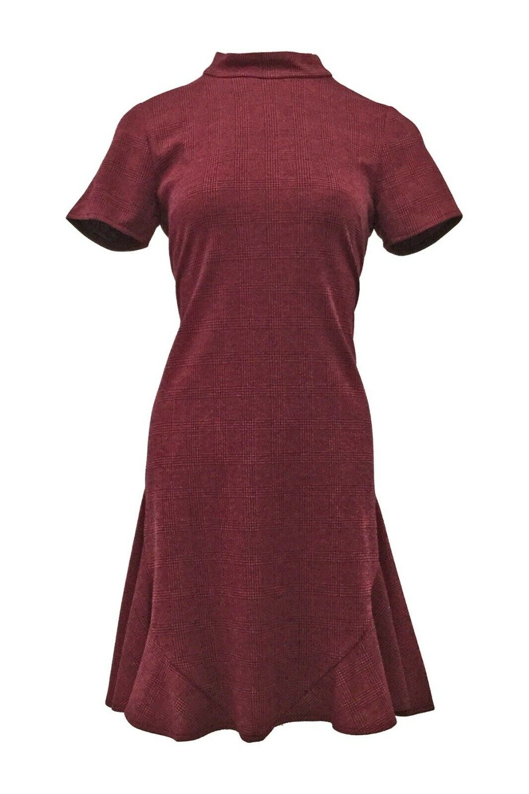Nanette Lepore Womens 12 Red Black Ruffle Hem Mock Neck Plaid Texture Dress