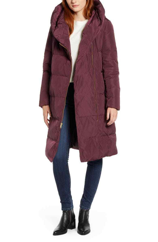 Cole Haan Womens XS Merlot Purple Asymmetrical Zip Down & Feather Coat Parka