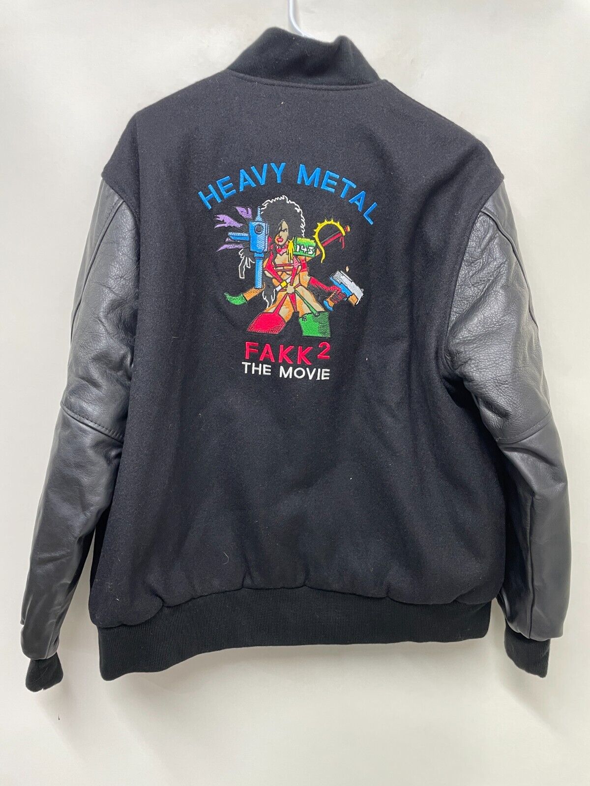 Heavy Metal FAKK2 The Movie Mens L Jacket VTG Black Leather Sleeve Varsity