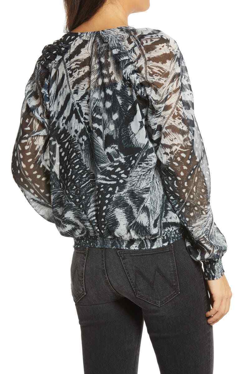 allsaints Womens 6 White Black Fara Stretto Faux Wrap Top Blouse Sheer Chiffon