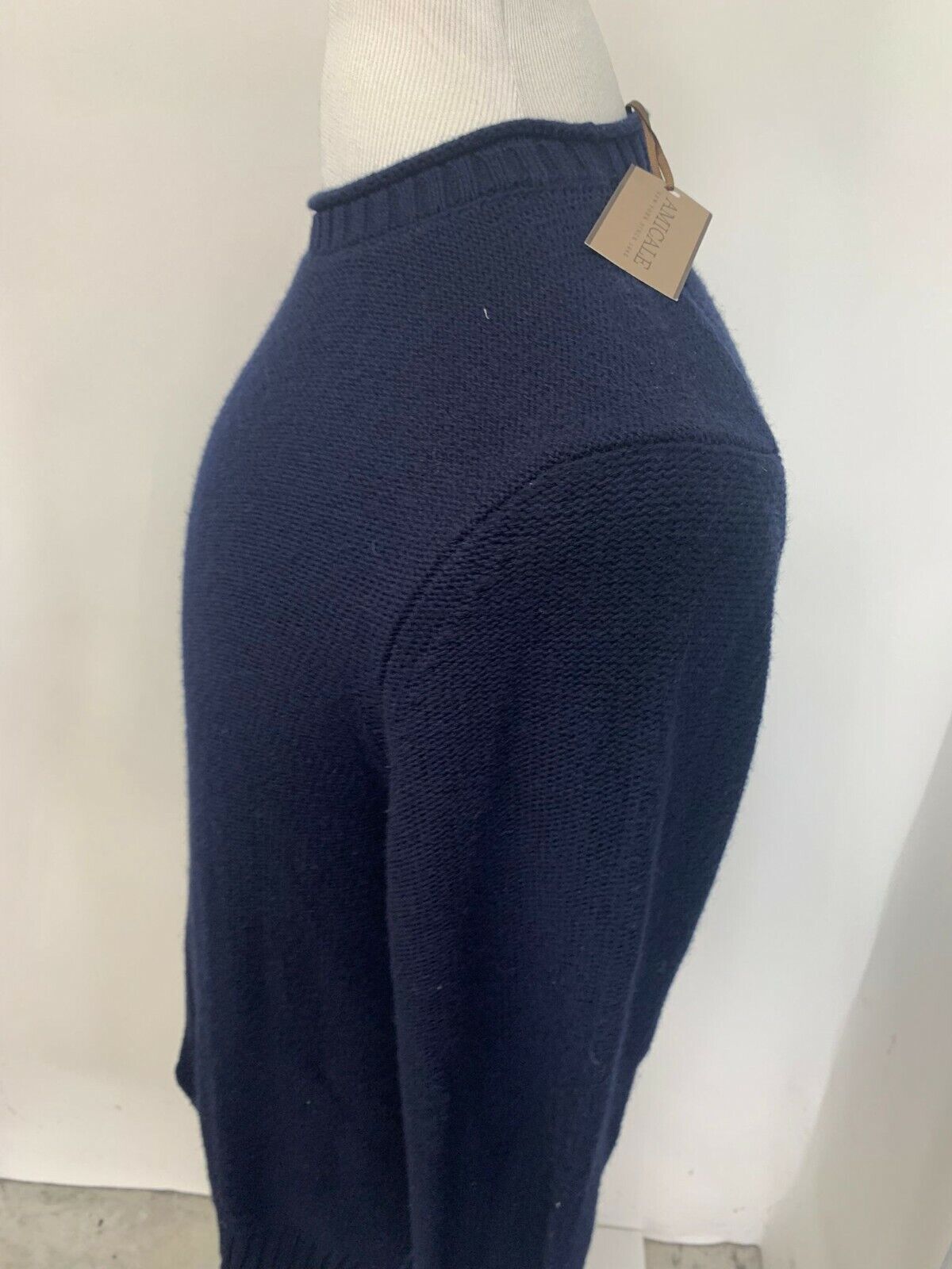 Amicale Mens M Navy Blue Rolled Edge Crew Neck Sweater Cashmere Blend Cotton